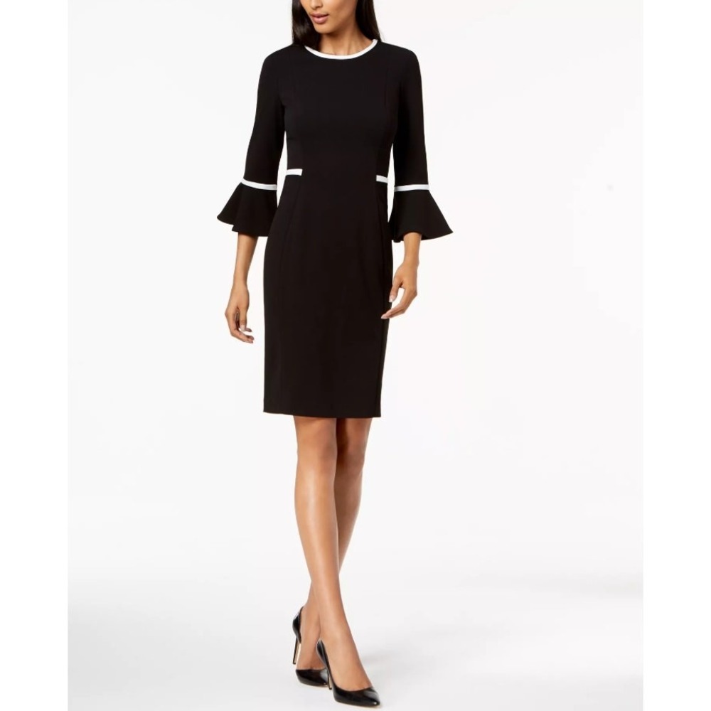 Calvin Klein Piped Bell-Sleeve Dress Womens 8 Black Career Office Work Church